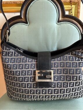 Fendi FF Zucca Canvas Shoulder Bag in Navy and Beige with Black Trim